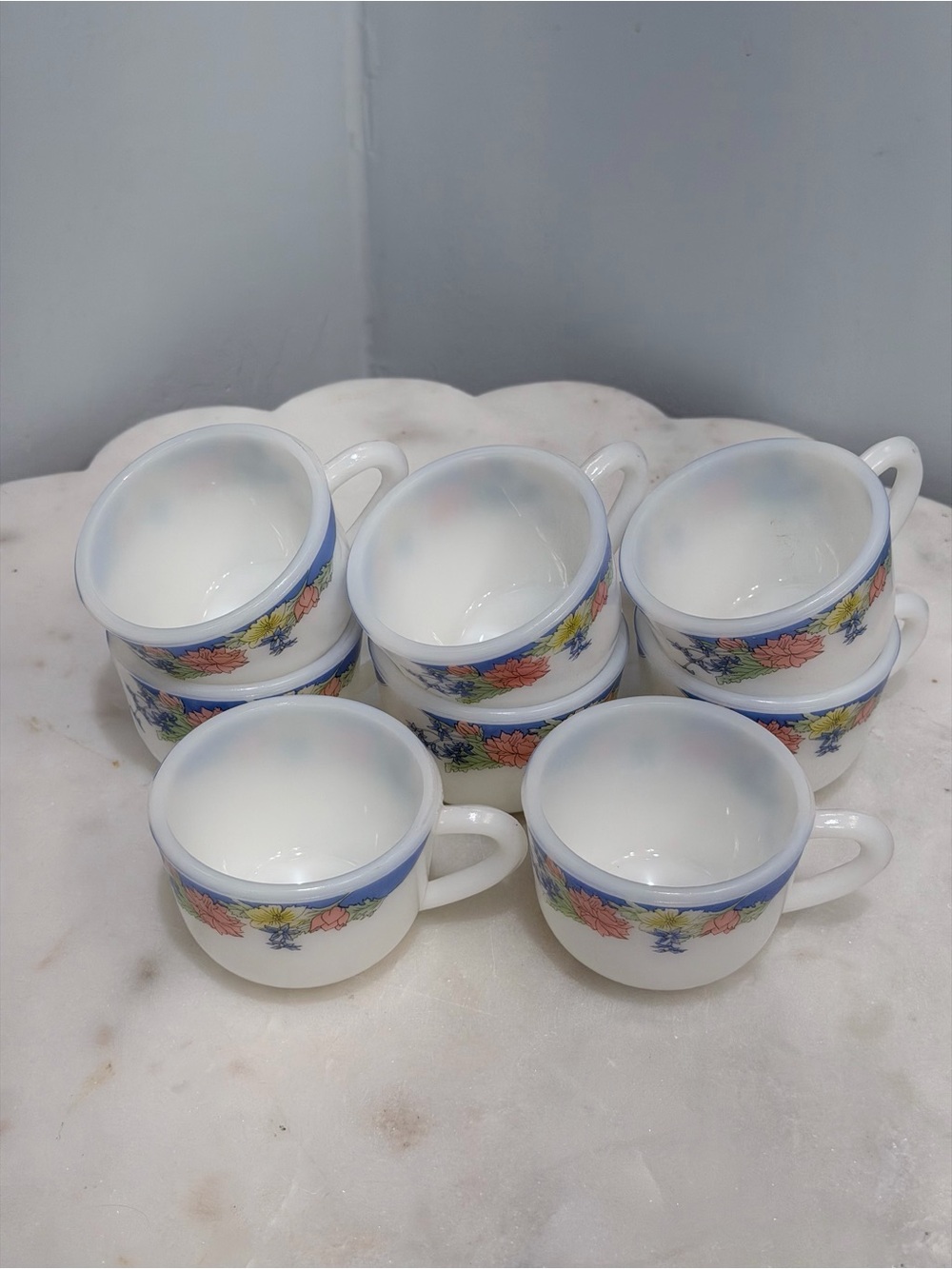 Vintage 90s Duropal French Opal Glass Teacups Set 7 Floral Blue Rim Coffee Cups - Picture 5 of 13